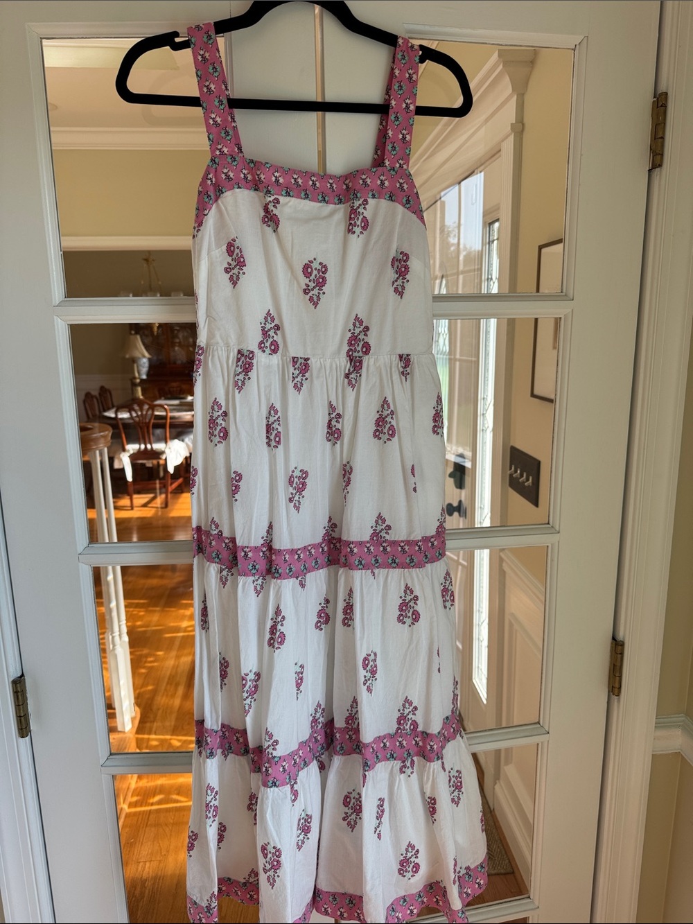 J Crew White Midi Dress with Pink Floral Trim